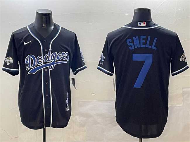 Mens Los Angeles Dodgers #7 Blake Snell Black 2024 World Series Champions Cool Base Stitched Jersey